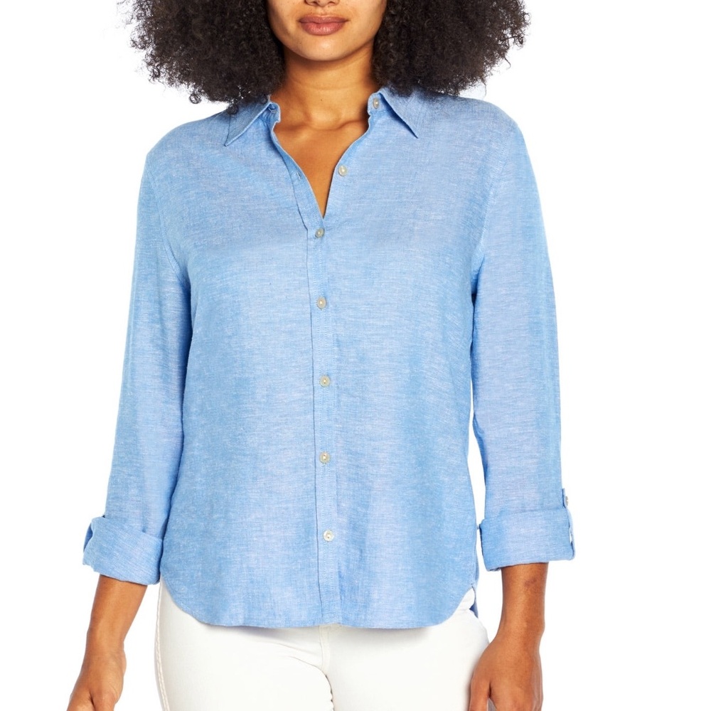 NWT Orvis long sleeve blue linen and rayon top roll cuff with buttons size large